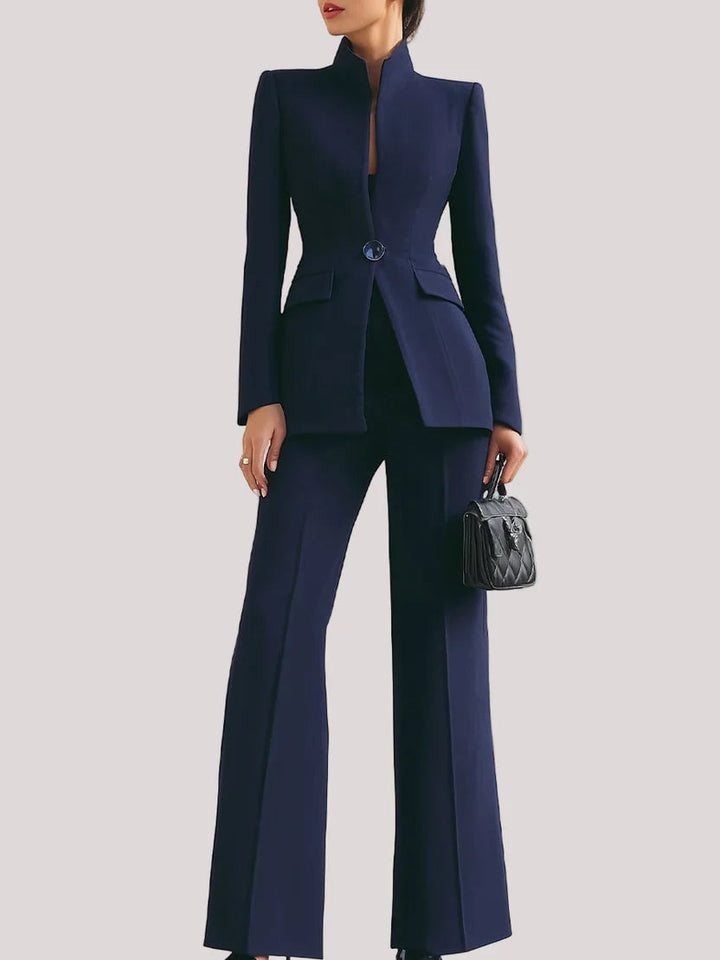 Vina women's two-piece suit set with longline blazer and high-waist flare trousers in blue