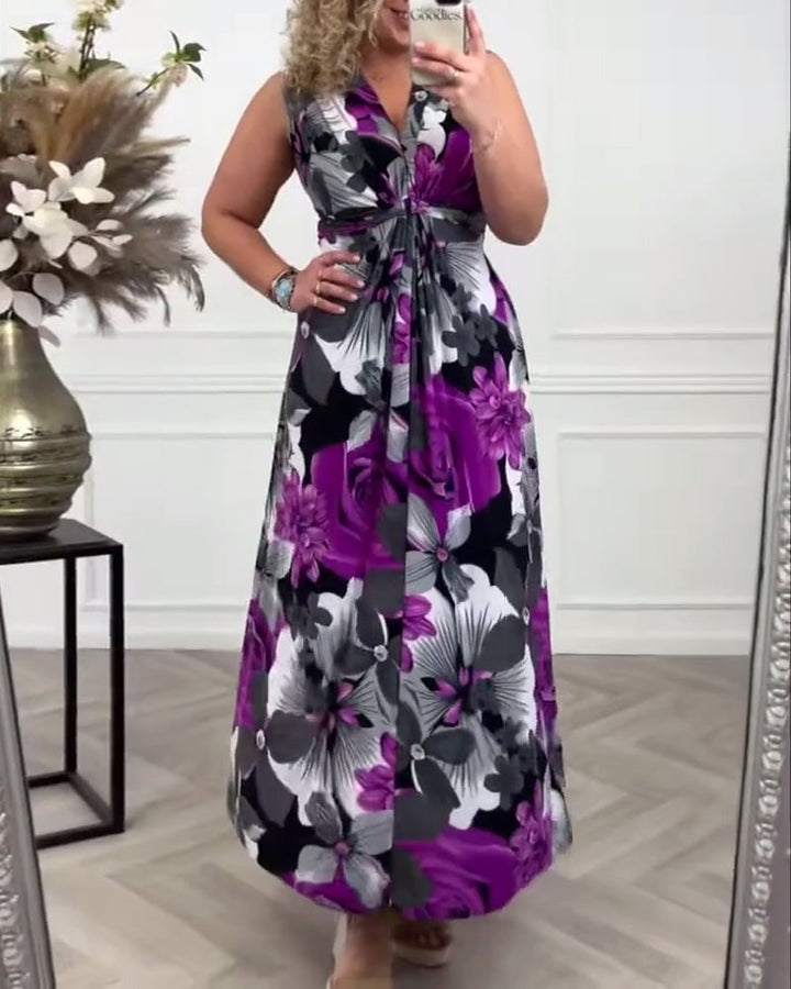 Viola floral maxi dress shown in yellow colorway, full-length front view