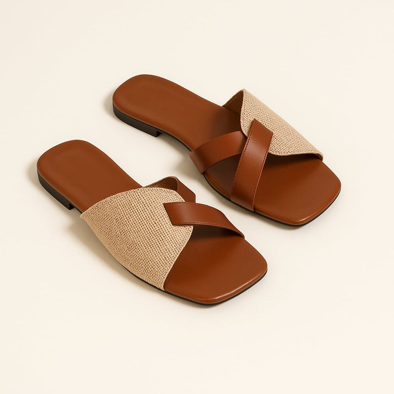 Violet women's brown square-toe slides shown from the side highlighting the flat sole and open slip-on design