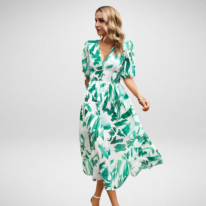 Close-up of the V-neckline detail on the Violet dress in Light Green