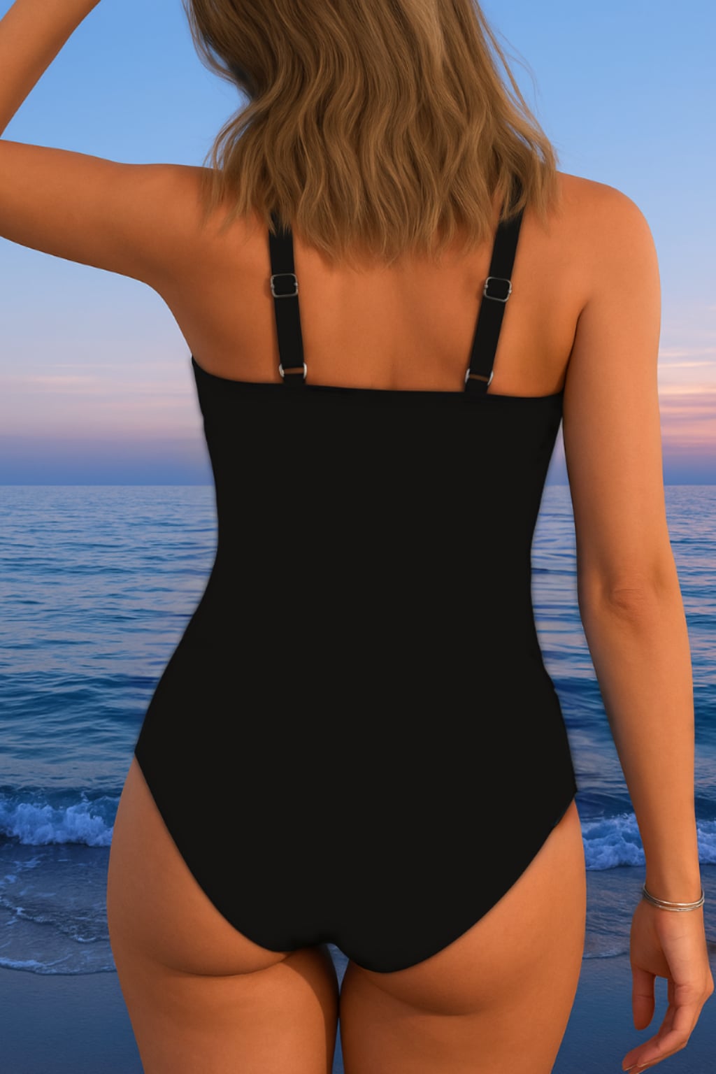 Violette printed swimsuit in blue displayed on a model at the poolside