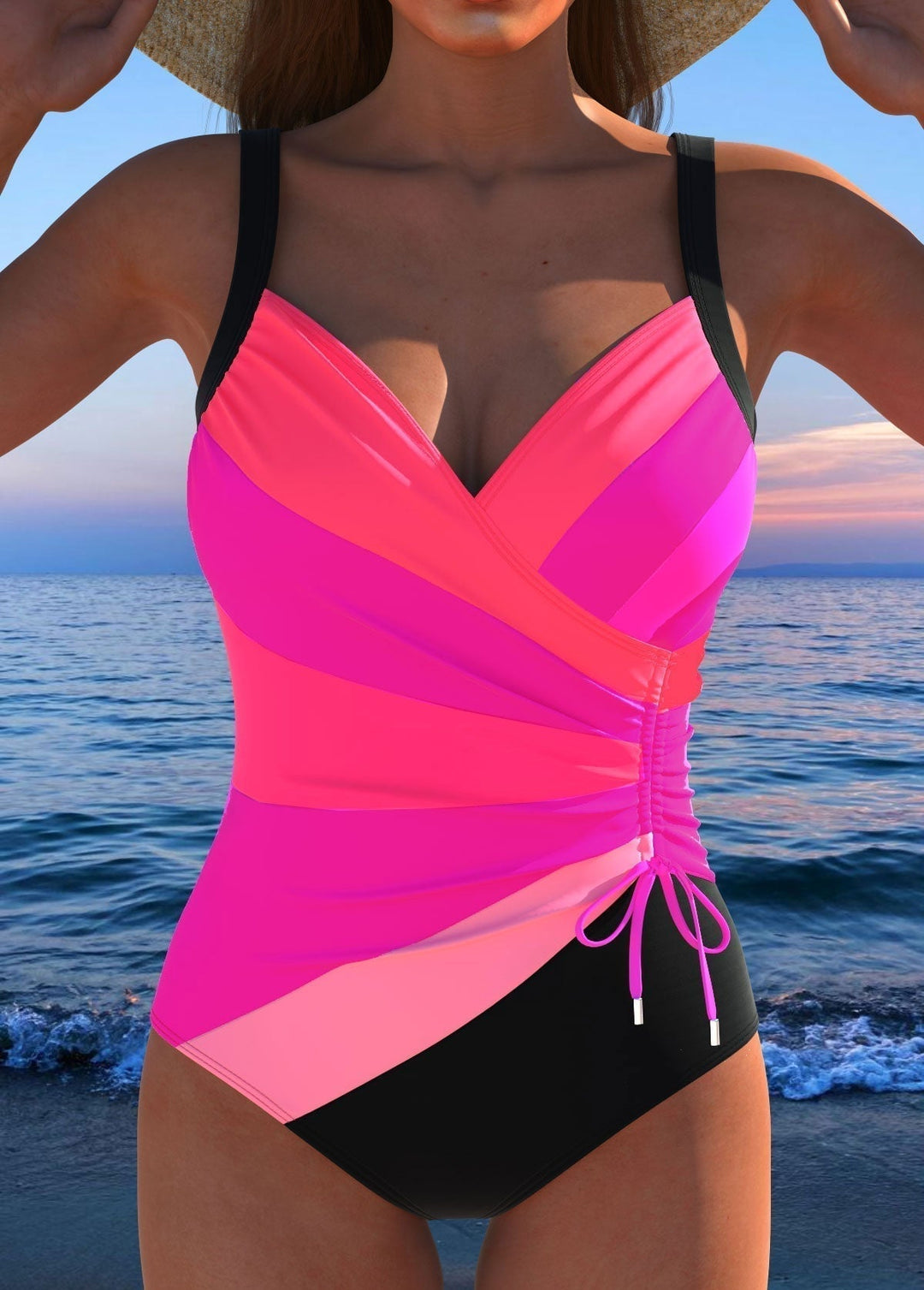 Close-up of the vibrant colorful print and surplice neckline detail on the Violette swimsuit
