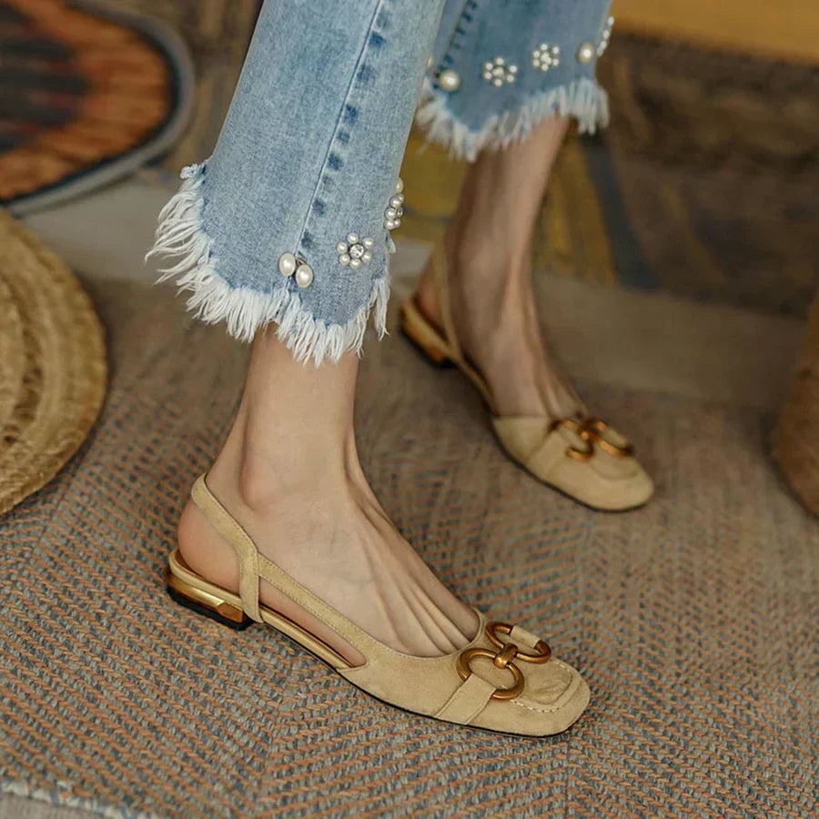 Woman wearing Virginia elegant comfort sandals outdoors, showcasing all-day wearable style