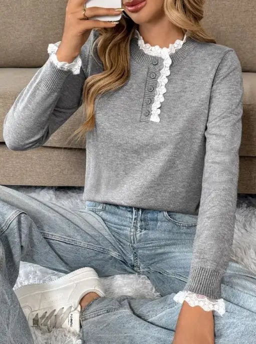 Styled outfit featuring the gray Vivian retro sweater paired with trousers