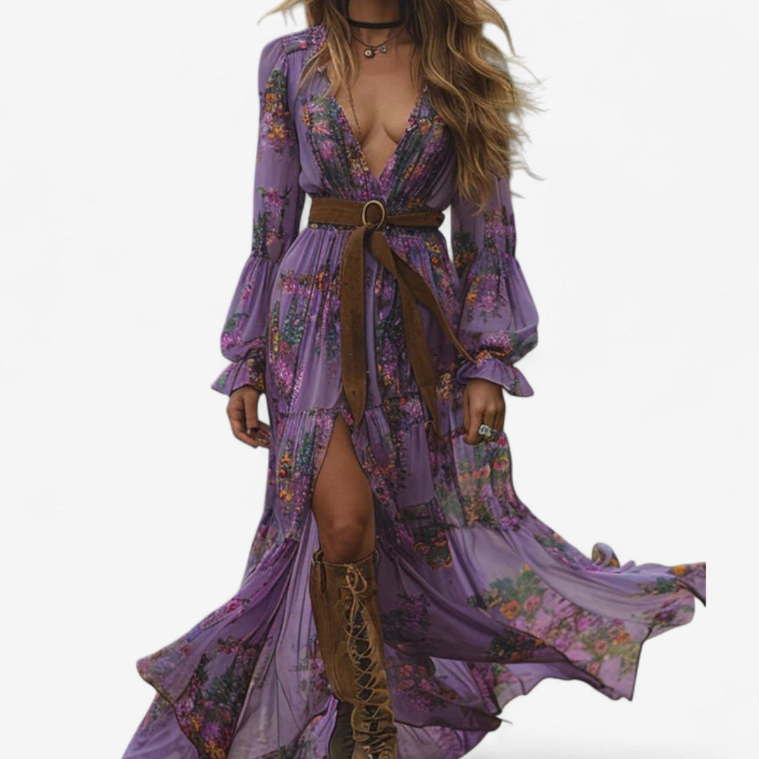 Close-up side view of the Vivian fluid fantasy dress in violet highlighting the airy fabric drape and flattering fit