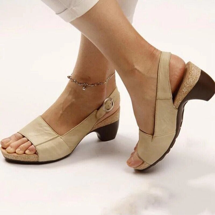 Vivian block heel peep-toe slingback sandal with adjustable buckle strap in khaki