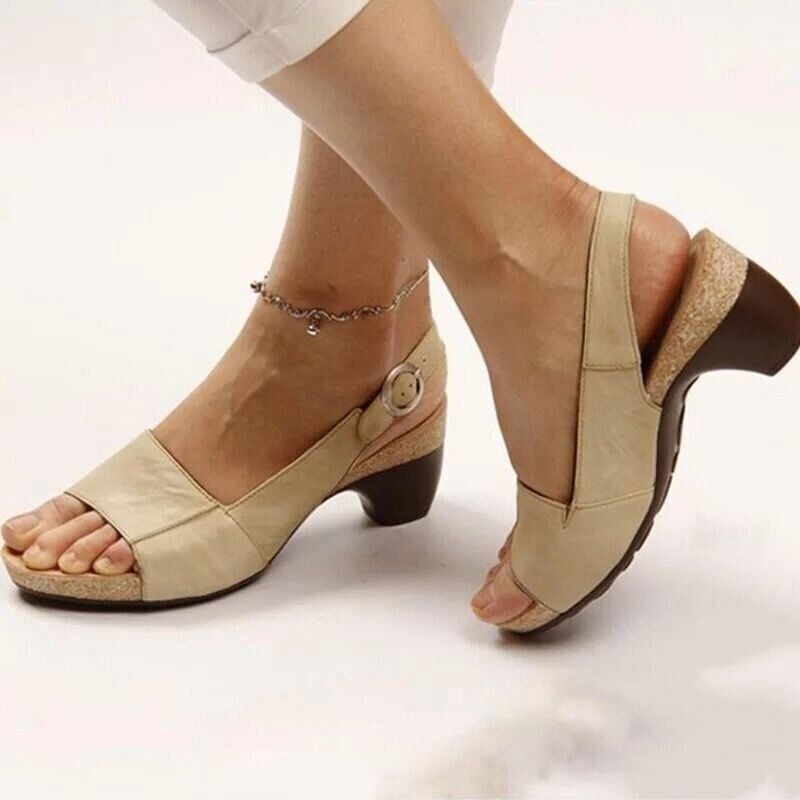Vivian block heel peep-toe slingback sandal with adjustable buckle strap in khaki