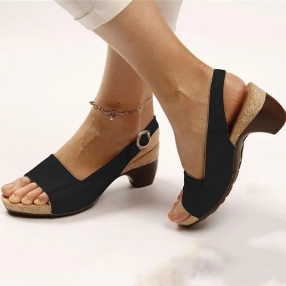 Side view of Vivian women's block heel slingback sandal showing cushioned cork-style footbed