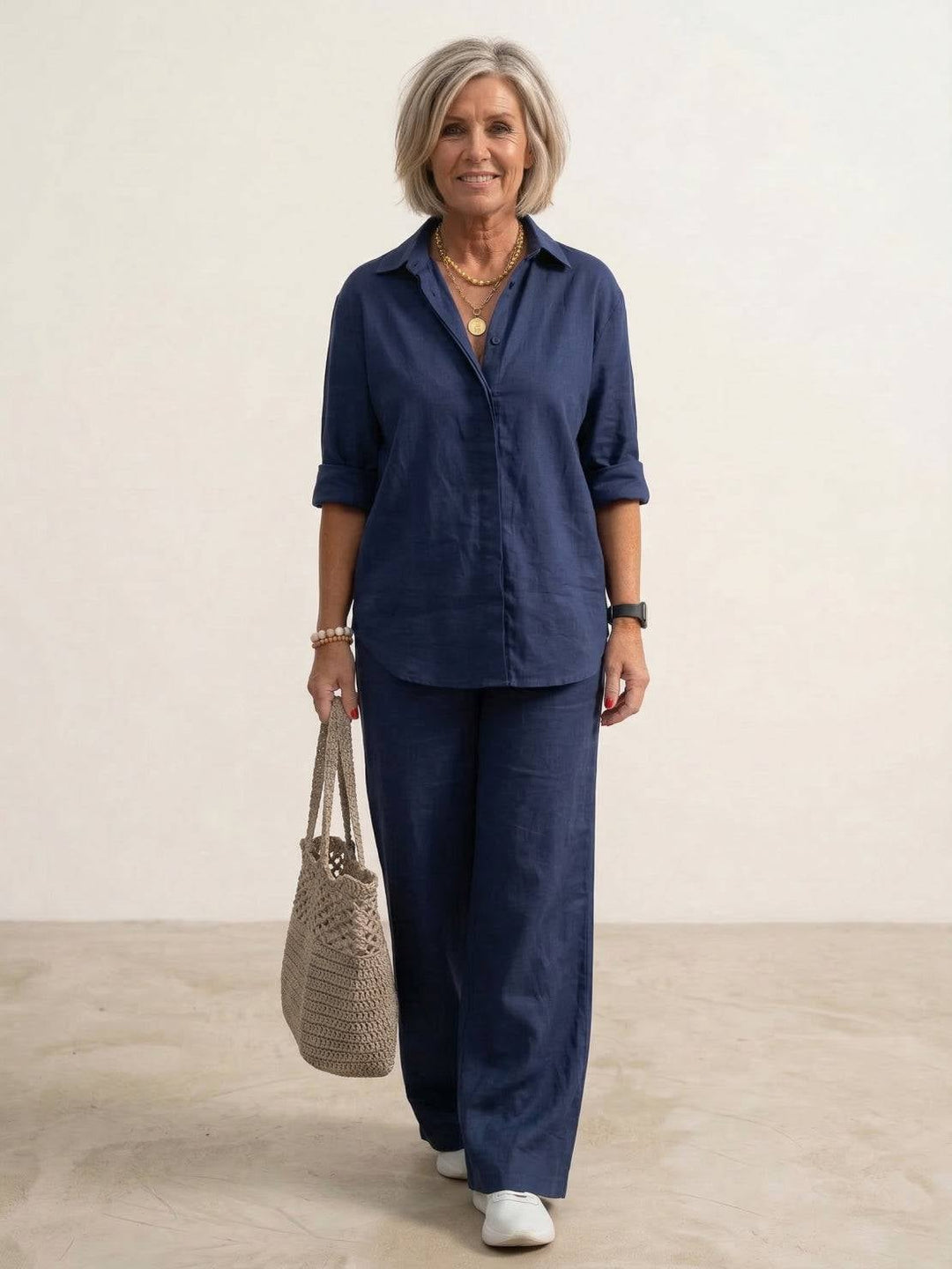 Vivian navy blue button-down shirt and wide-leg pants two-piece set on a model, front view