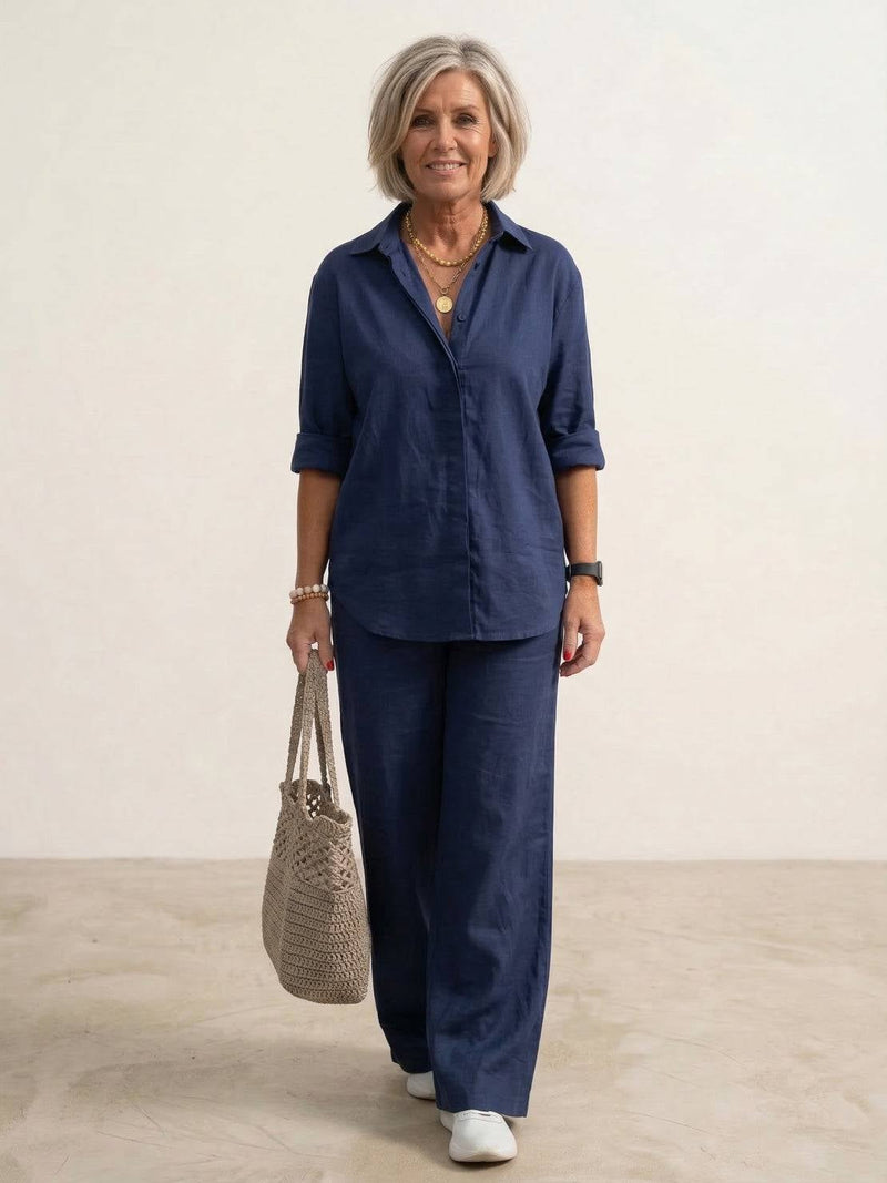 Vivian navy blue button-down shirt and wide-leg pants two-piece set on a model, front view