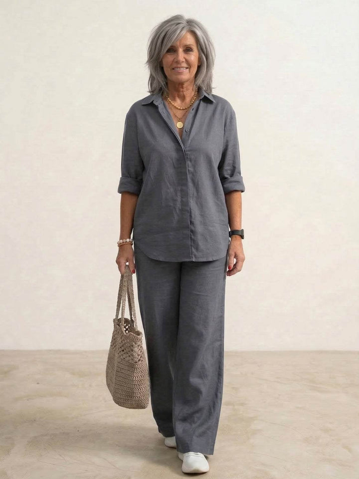 Vivian army green co-ord set on a model, front view showing relaxed fit