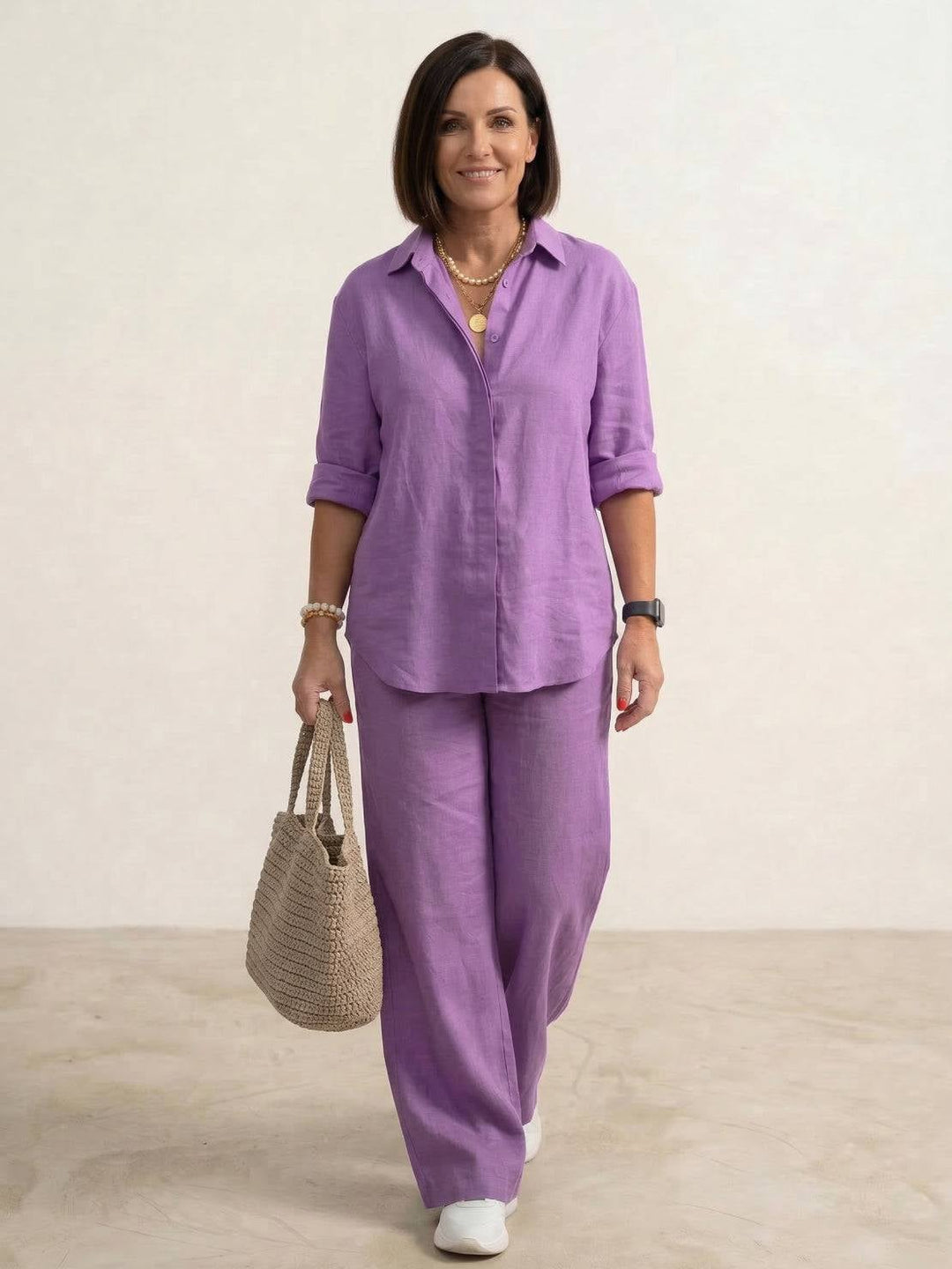 Vivian black button-down shirt and wide-leg pants set, front view on model