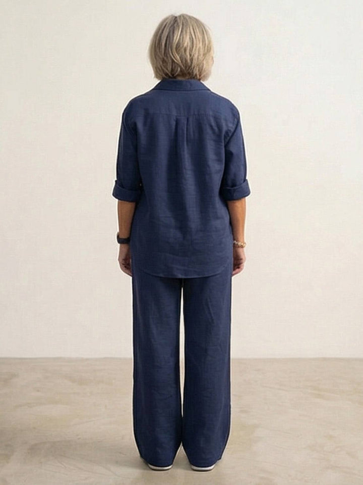 Vivian light blue shirt and wide-leg pants set, front view on model