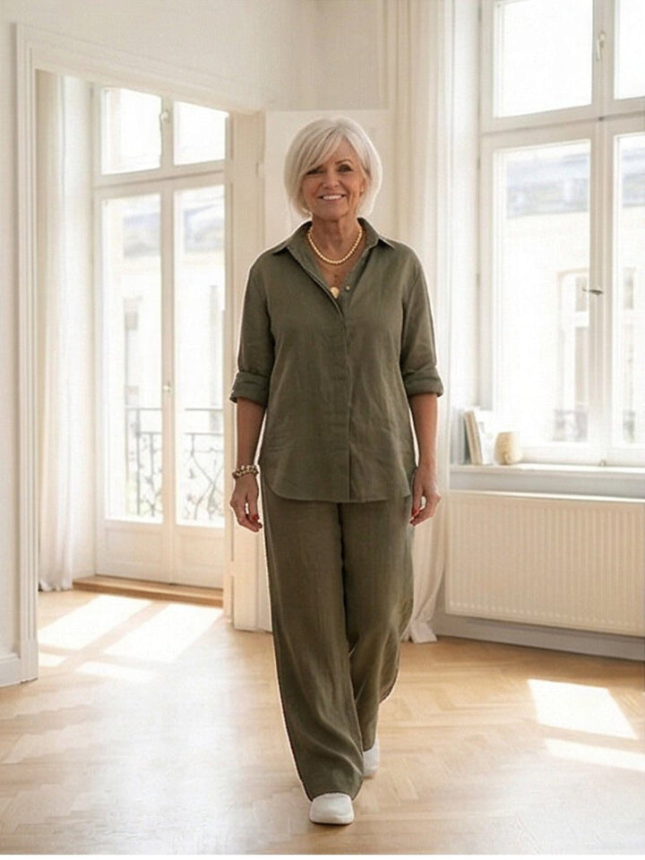 Vivian turquoise button-down shirt and wide-leg pants set, front view