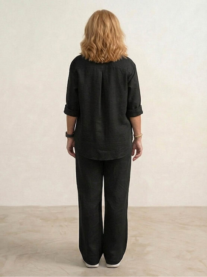 Vivian pink set flat lay showing shirt and wide-leg pants