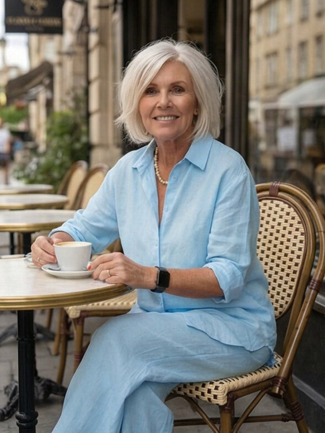 Model wearing Vivian army green set seated, showing comfort and drape