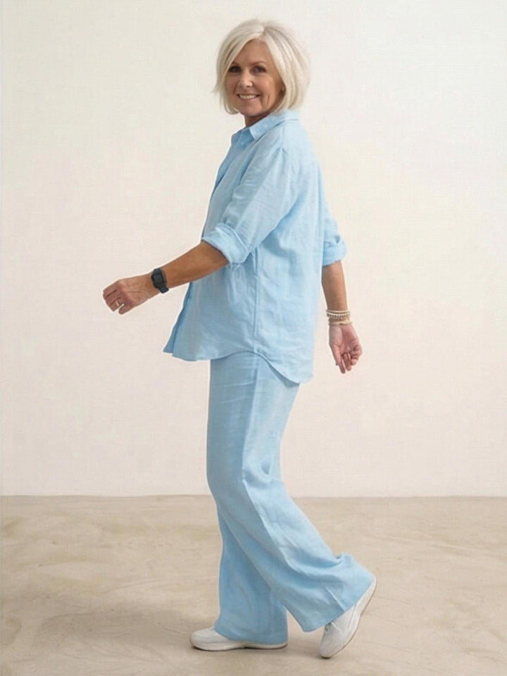 Model wearing Vivian light blue set, close-up of waistband and hip area