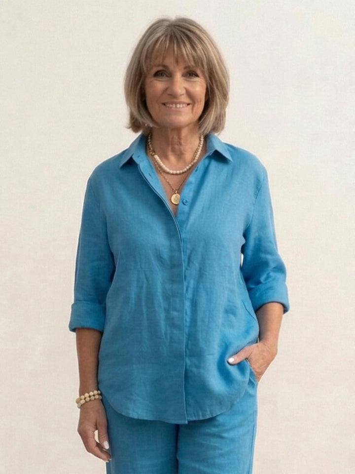 Vivian turquoise set styled for a weekend getaway or resort look