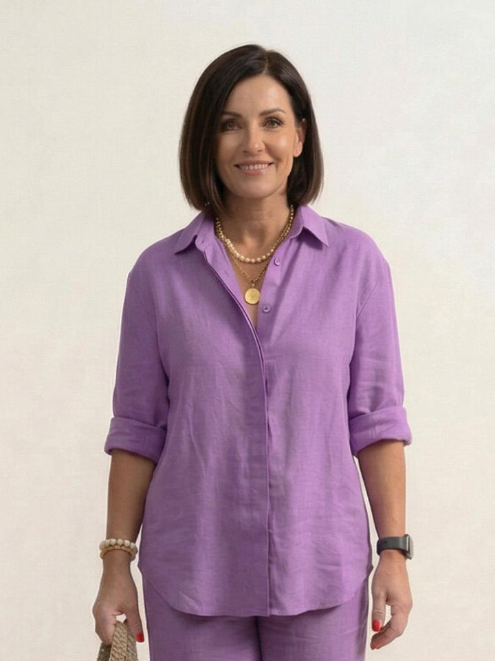 Vivian pink set back view with shirt tucked loosely into waistband