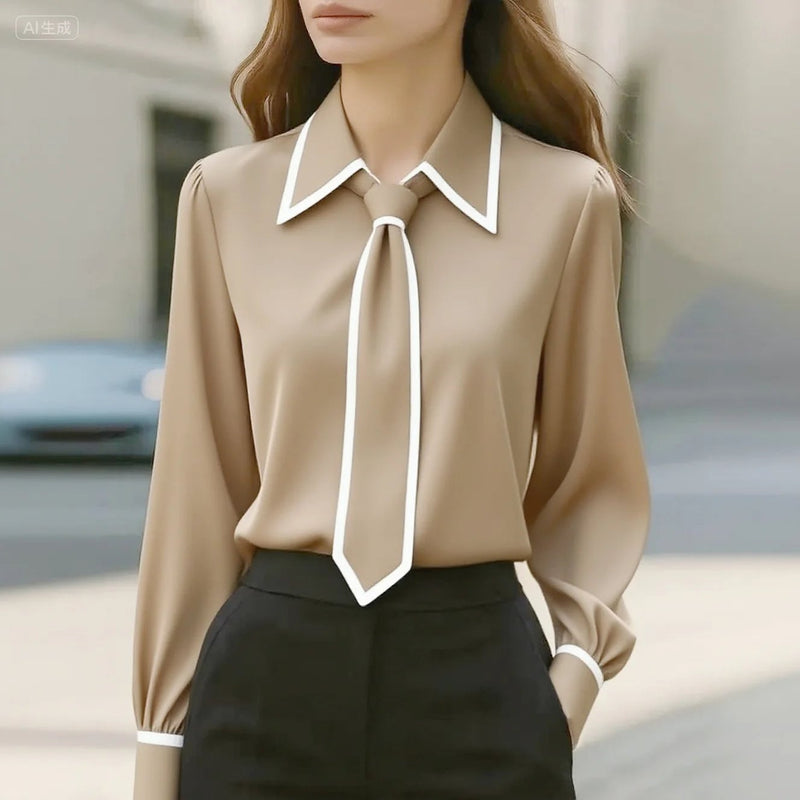 Close-up of the contrast-trimmed pointed collar and detachable tie detail on the Vivian blouse in white