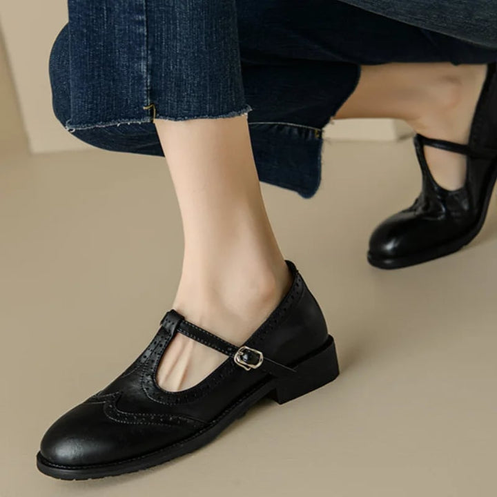 Vivian T-strap Mary Jane shoes in brown with low block heel and brogue detailing, front view