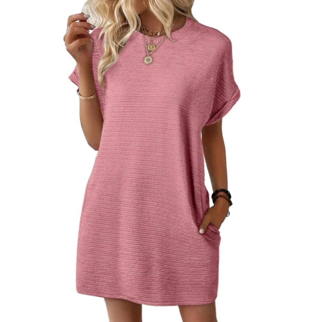 Front view of the Vivid ribbed mini dress in Light Pink showing the classic crew neckline