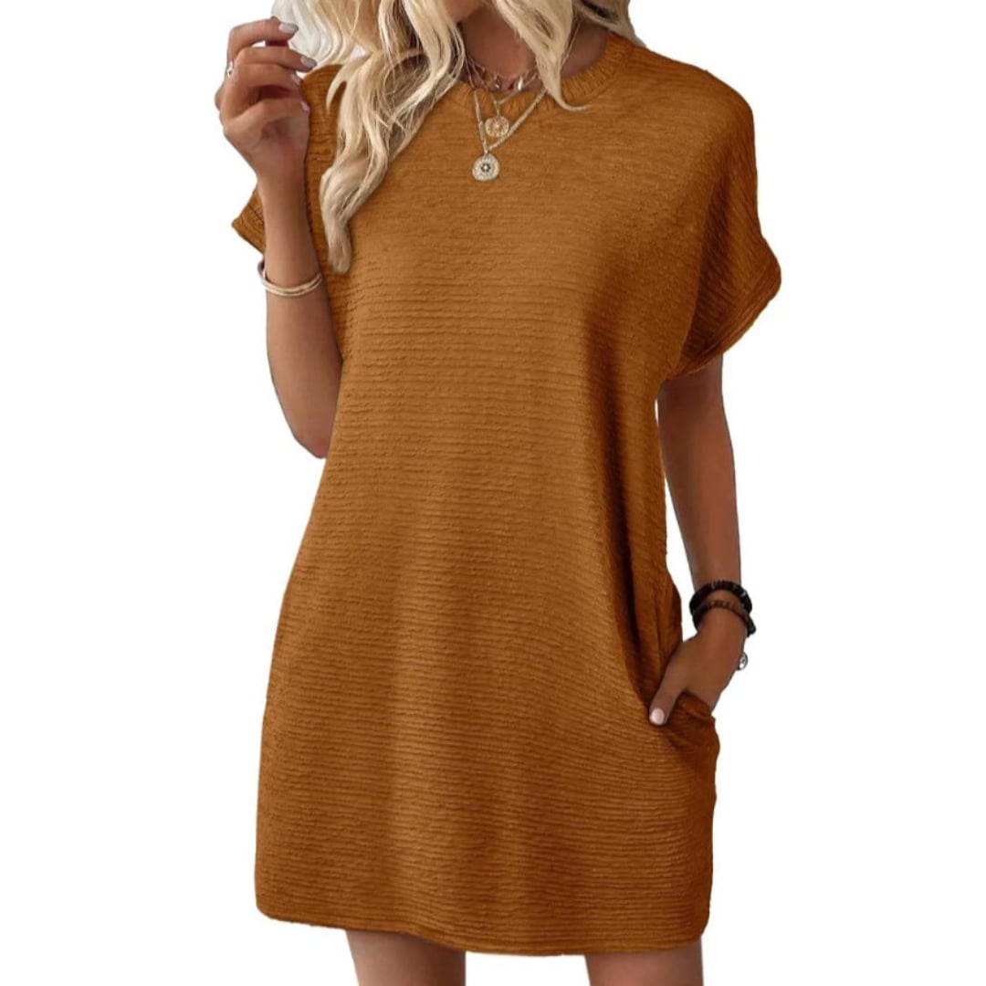 Back view of the Vivid ribbed crew neck mini dress in Dark Brown
