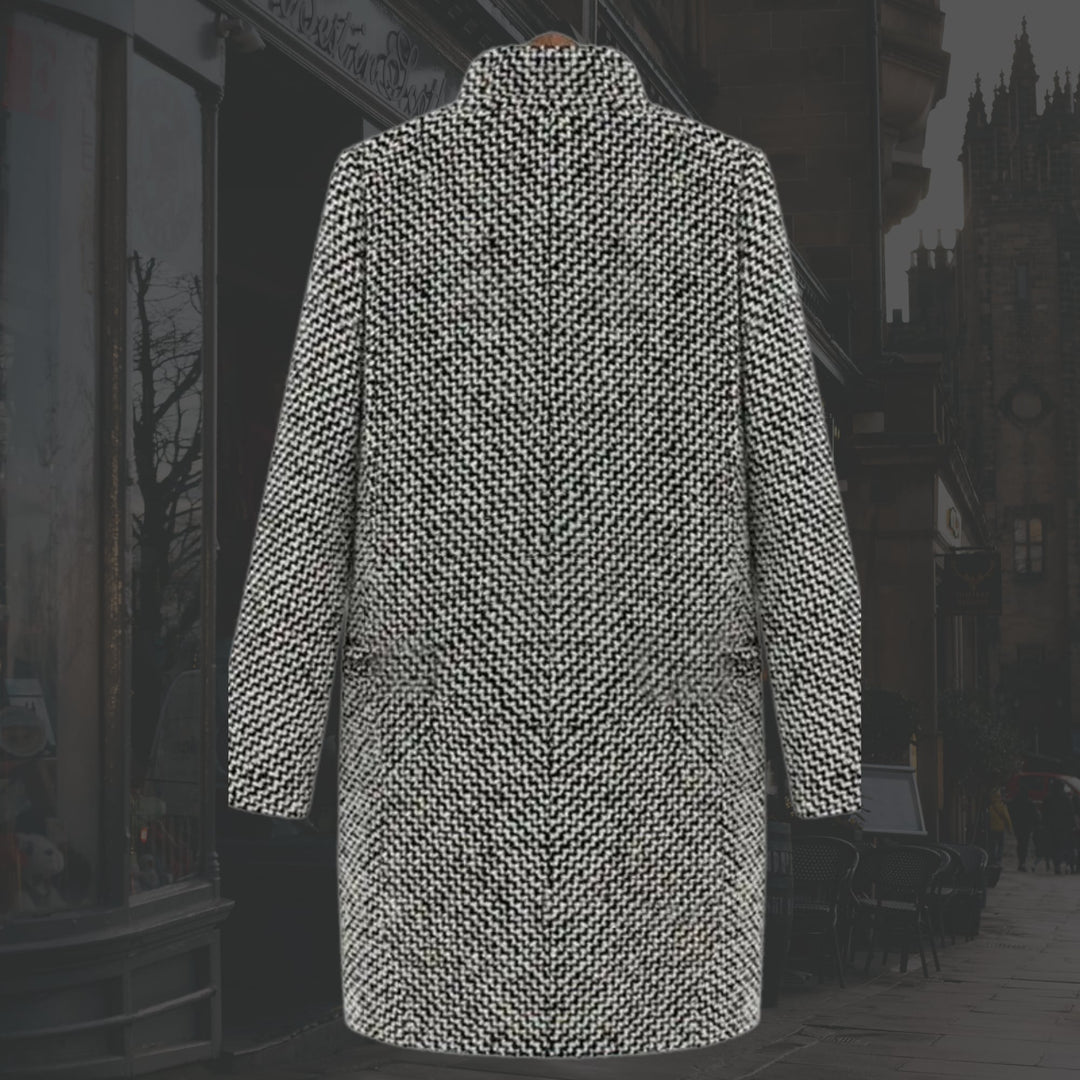 Front view of the Vivienne long winter coat showing single-button closure and deep V-neckline