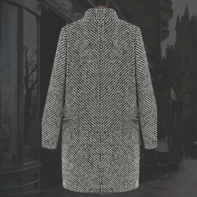 Front view of the Vivienne long winter coat showing single-button closure and deep V-neckline