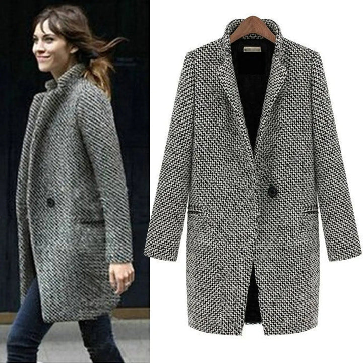 Model styling the Vivienne long winter coat over a winter outfit for an elegant everyday look