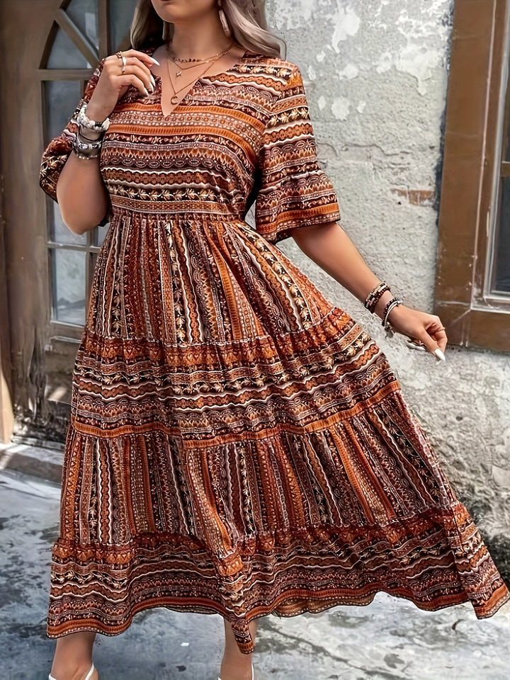 Vivienne boho draped dress in brown colorway, full-length front view