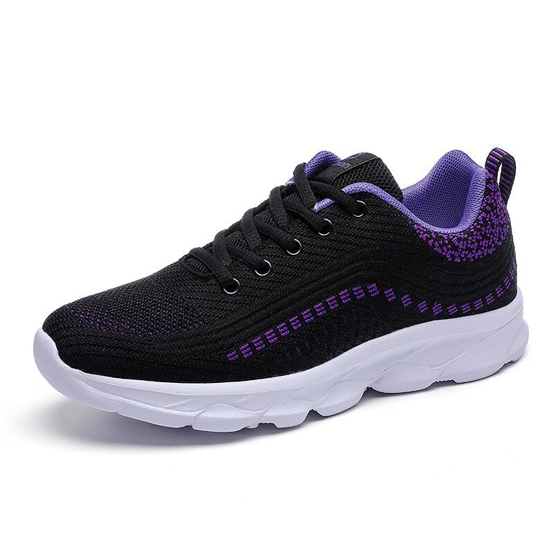 Vivienne women's orthopedic walking shoe in Black Purple colorway, side profile view showing contoured sole