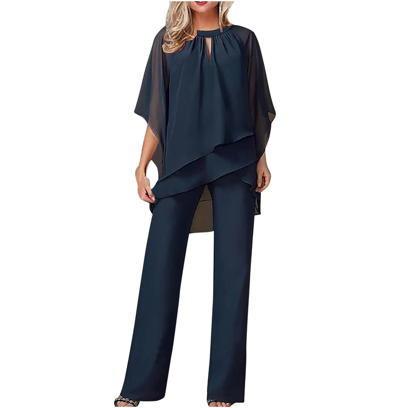 Women's chiffon overlay batwing sleeve wide leg pantsuit in navy blue with flowing sheer top layer and straight-cut trousers