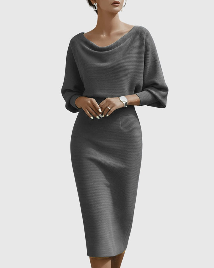 Front view of the Vivienne ribbed midi dress in black showing draped cowl neckline detail