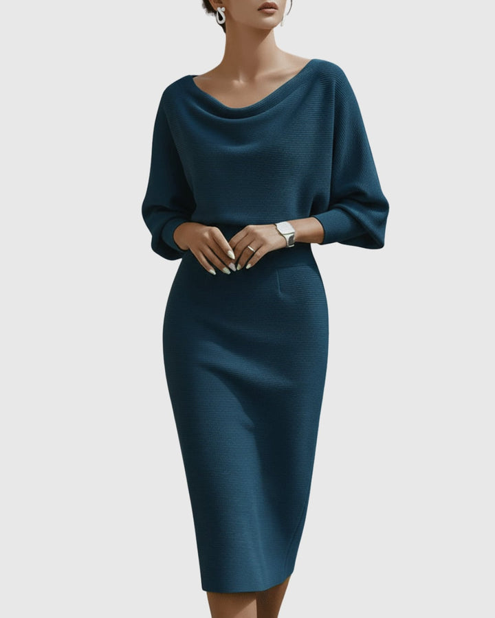 Close-up of tonal ribbed knit texture on the Vivienne midi dress in black