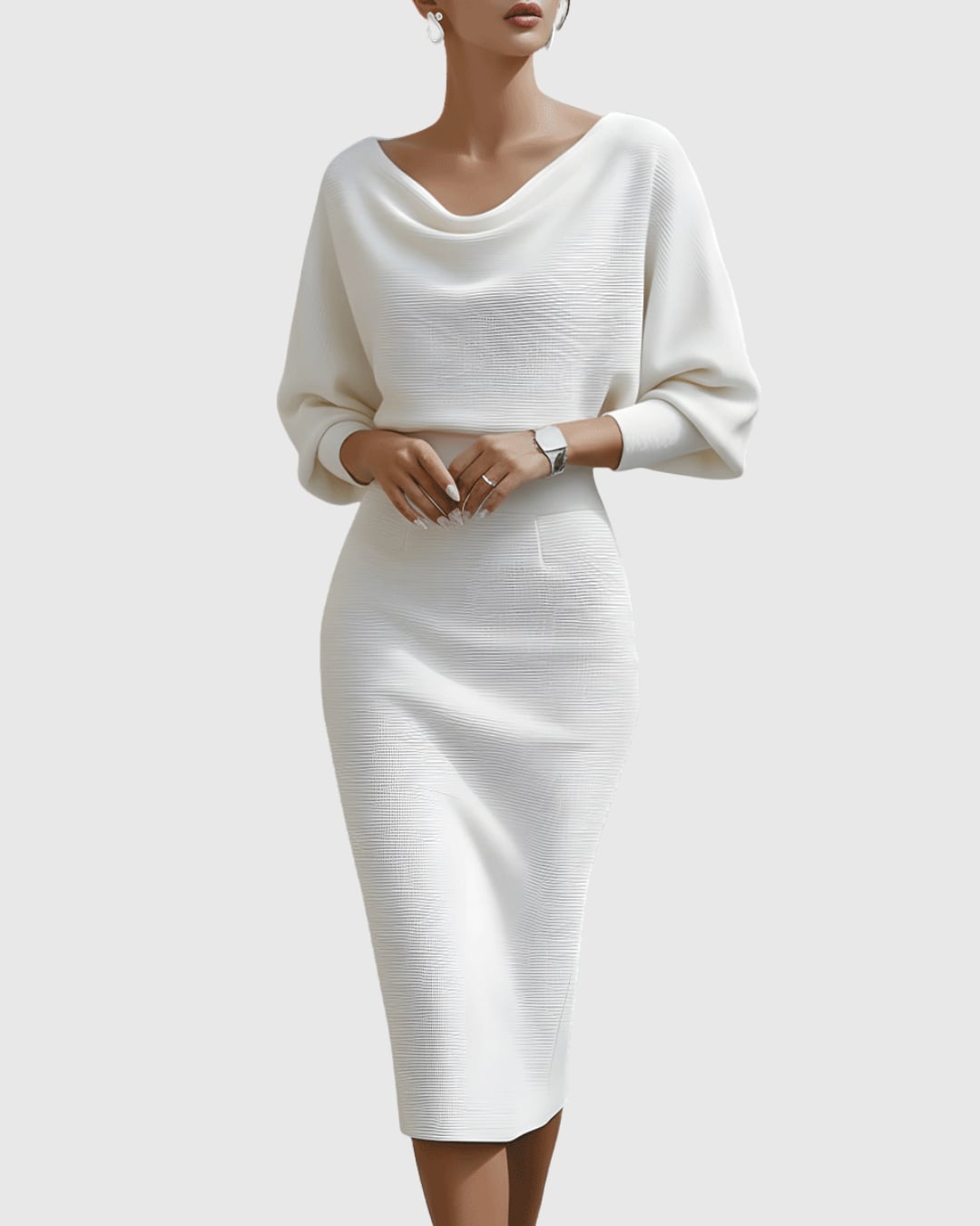 Back view of the Vivienne cowl neck ribbed midi dress in black with fitted pencil skirt