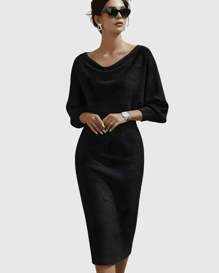 Vivienne ribbed midi dress in army green showing full-length pencil skirt silhouette