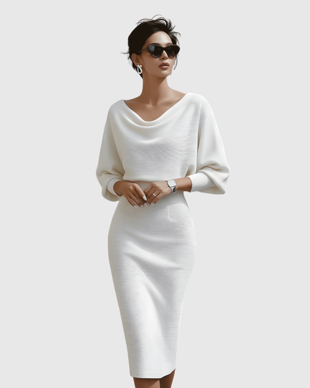 Navy blue ribbed cowl neck midi dress with batwing sleeves on a model