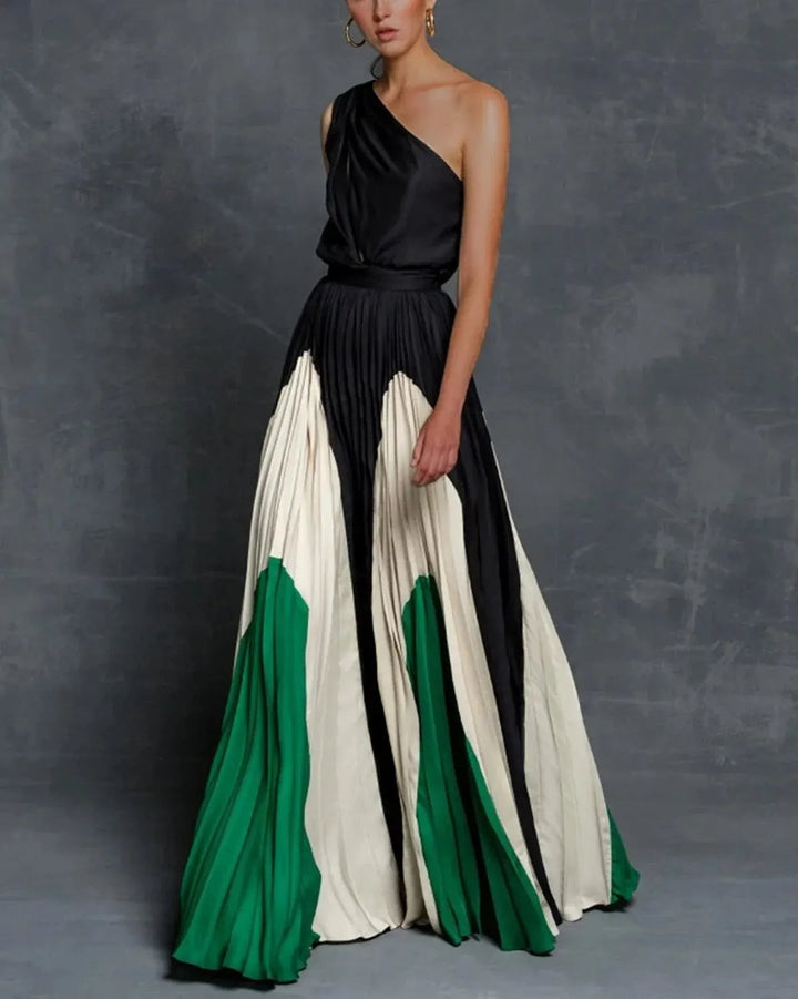 Close-up of the Vivienne maxi dress highlighting the asymmetric one-shoulder neckline and fitted bodice in yellow