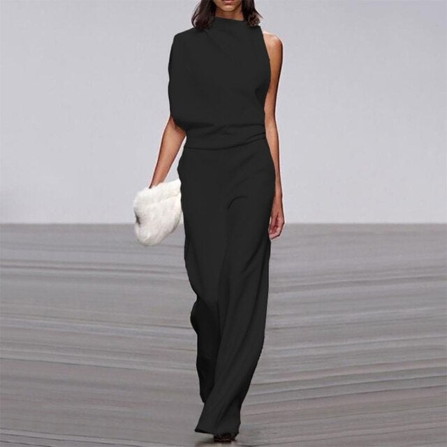 Close-up of the structured mock turtleneck neckline detail on the Vivienne sleeveless jumpsuit
