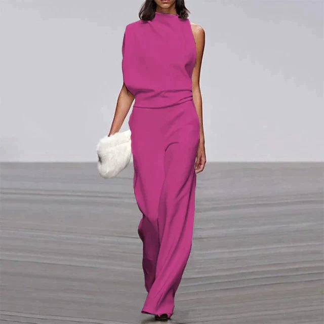 Back view of the Vivienne wide-leg jumpsuit highlighting the sleeveless cut and flowing wide-leg trousers