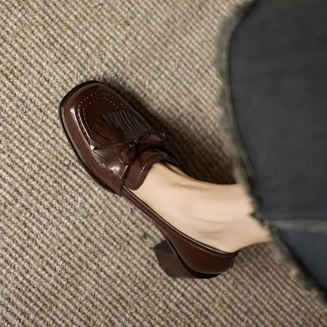 Vivienne tassel loafer pump in deep dark brown, front view