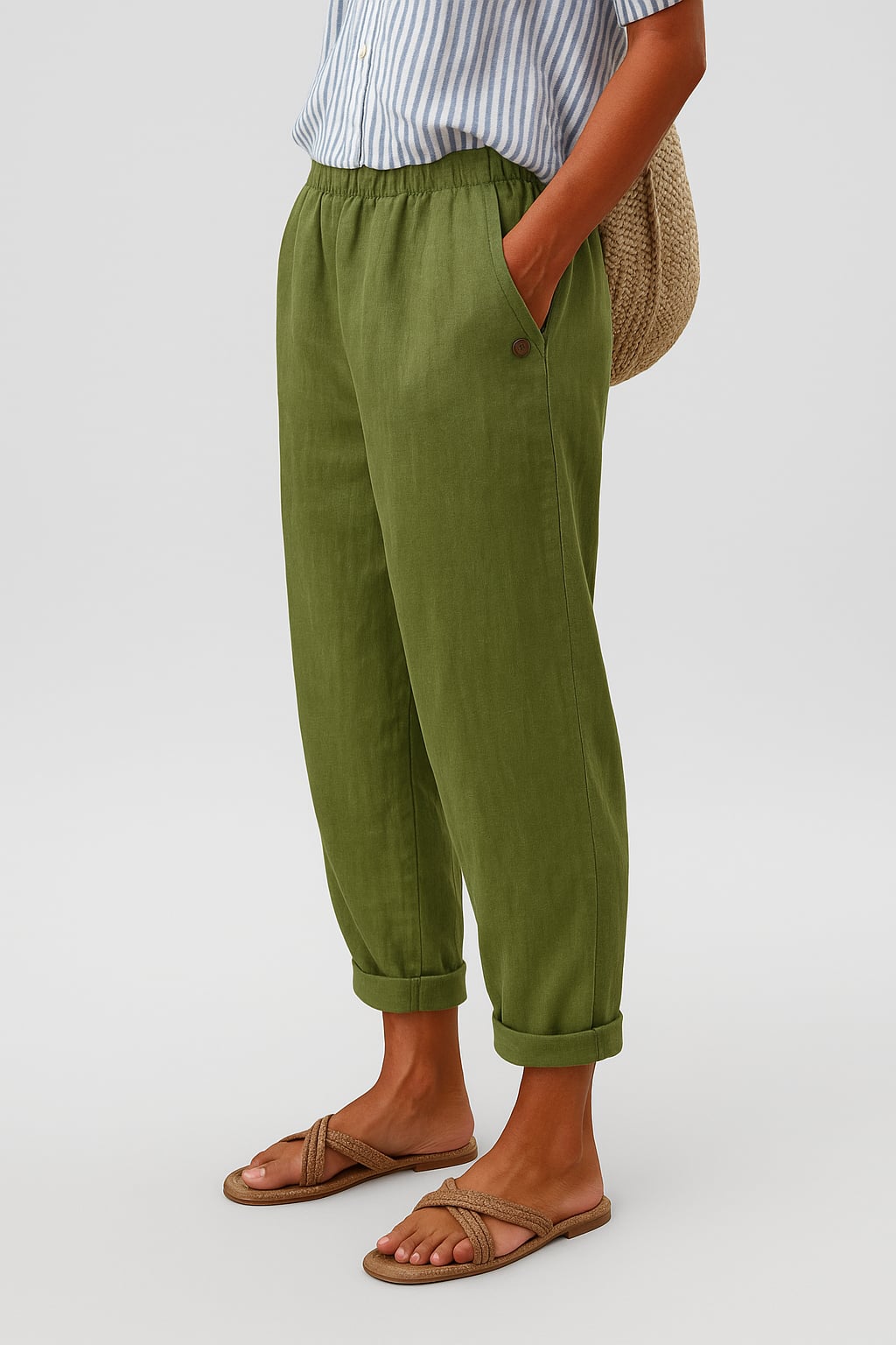 Flat-lay styled shot of lightweight straight-leg pants highlighting the clean drape and relaxed structure