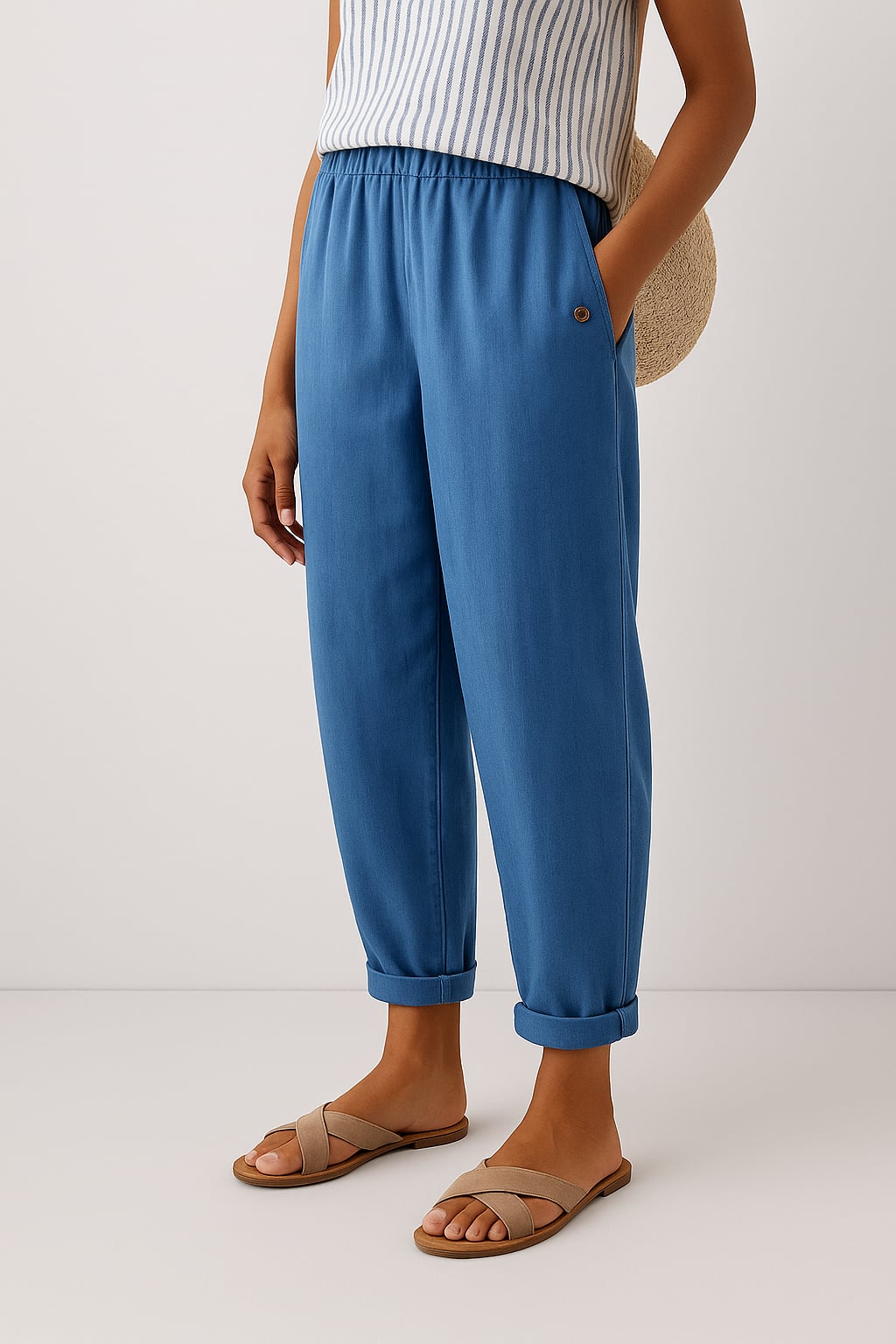 Front view of straight-leg pants on a model showing the flattering fit and side pocket placement