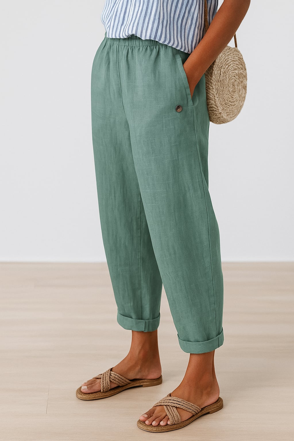 Close-up detail of the elastic waistband and side pocket on the straight-leg pants