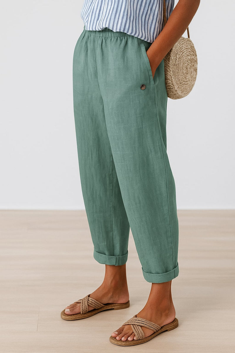 Close-up detail of the elastic waistband and side pocket on the straight-leg pants