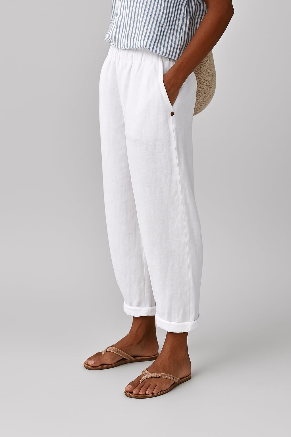 Straight-leg pants displayed in multiple available colors including beige, green, blue, and gray