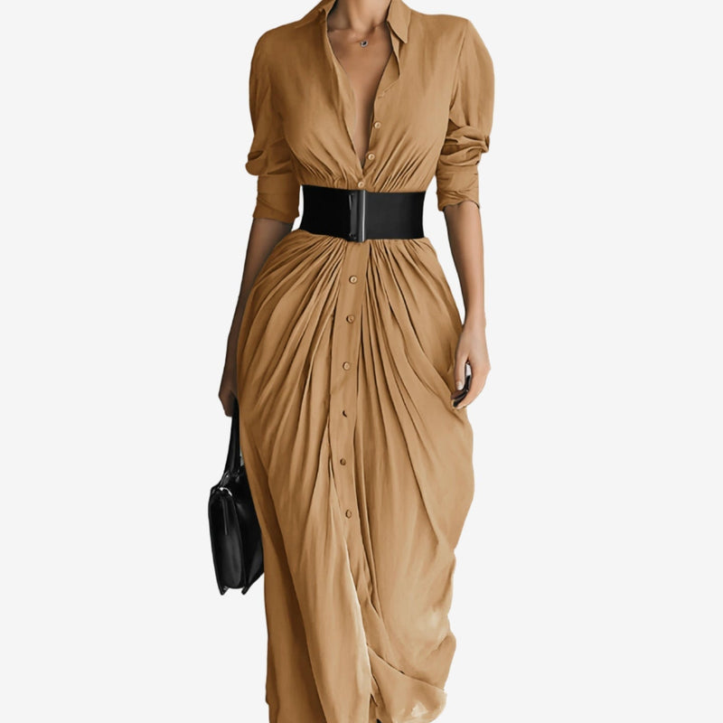 Close-up detail of the Waverly long sleeve dress showing soft fitted sleeves and lightweight fabric drape