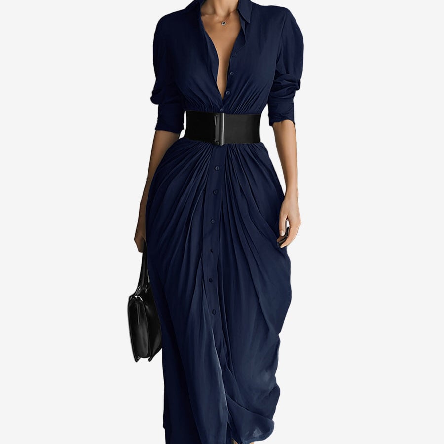 Model wearing the Waverly long sleeve dress styled for a casual daytime look