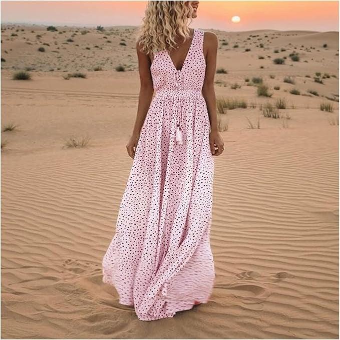 Front view of the Waverly polka dot maxi dress in pink showing the flattering draped silhouette